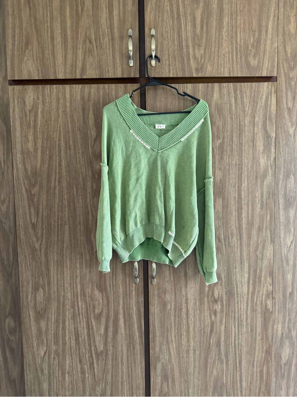 POL Green V-Neck Relaxed Knit Sweater With Lace And Distressed Details